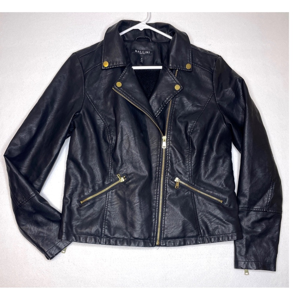 Baccini Women Moto Jacket Faux Leather Fur Lined Gold Zip Size M Black